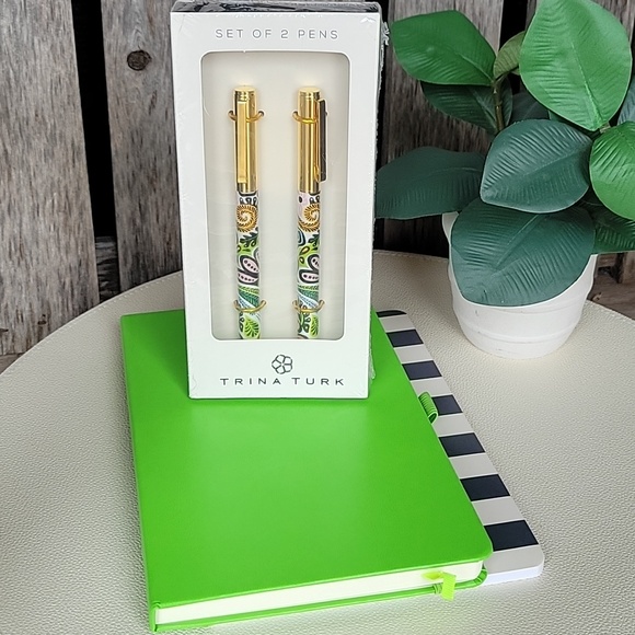 Trina Turk Other - Trina Turk Gold and Multicolor Pen Set with Green and Black-Striped Notebooks